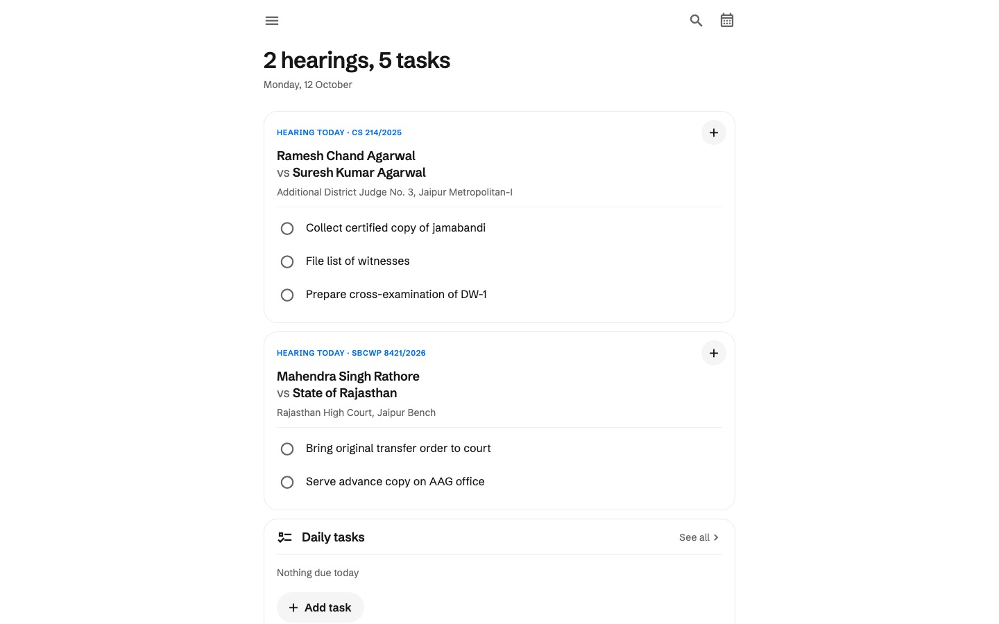 CaseNiti web app showing today's hearings and tasks