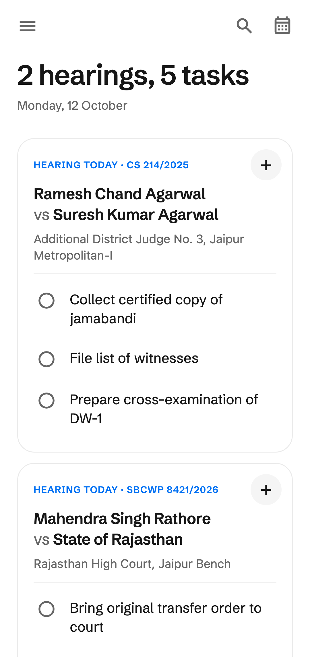 CaseNiti on a phone showing today's hearings and tasks